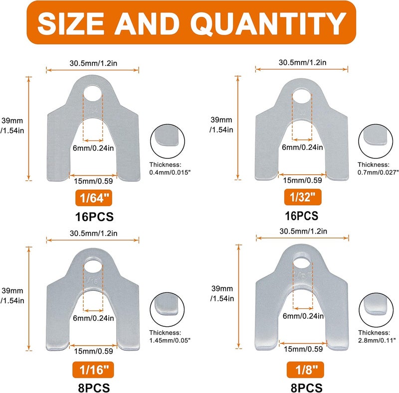 ISPINNER 48pcs Auto Alignment Body Shim Assortment Kit, 1/64" 1/32" 1/16" 1/8" Universal Shims for Adjusting Body Parts or Camber Alignment - Image 2